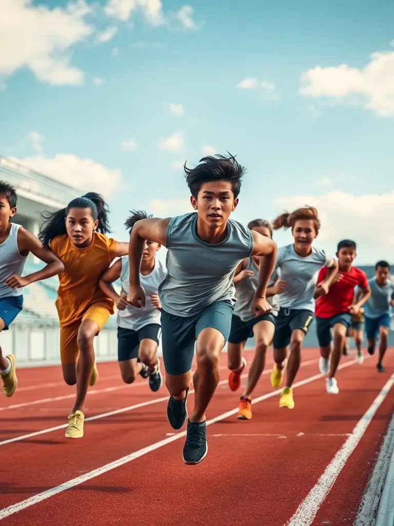 A diverse group of students participating in a track and field event, showcasing speed, endurance, and determination.