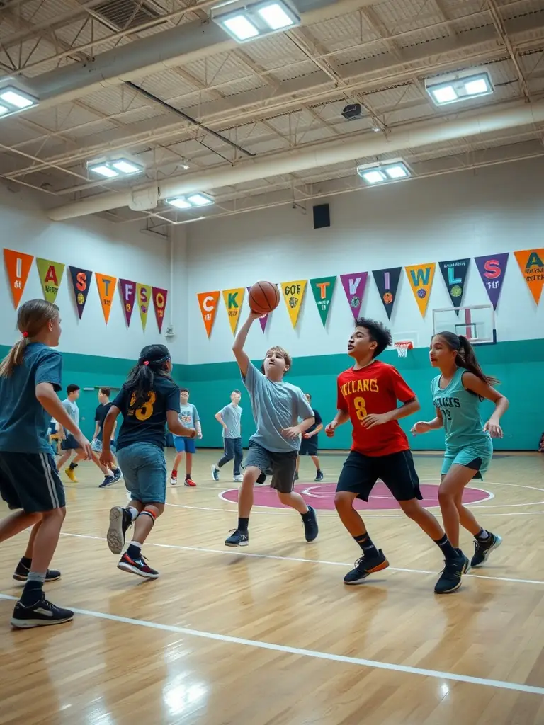 A group of students participating in a basketball training session at ASSOCIATION SPORTIVE SCOLAIRE LES ACCACIAS, focusing on teamwork and skill development.
