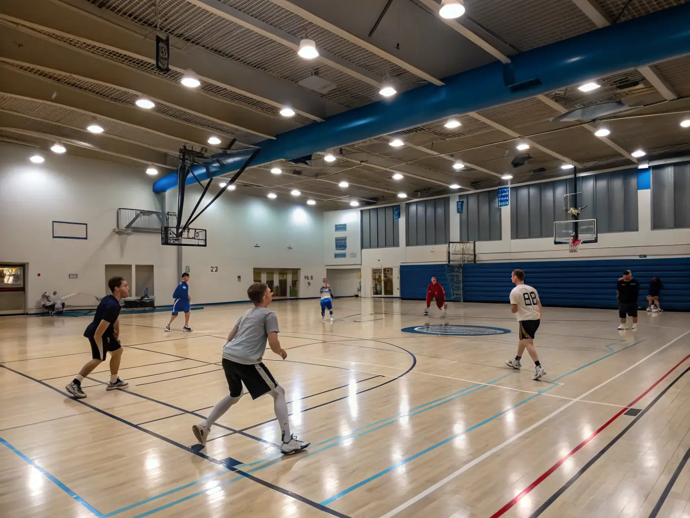 A group of students participating in a basketball training session, focusing on teamwork and coordination, set in a school gymnasium.