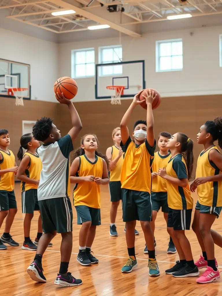 A group of students enthusiastically playing basketball in the school gymnasium, focusing on teamwork and coordination.