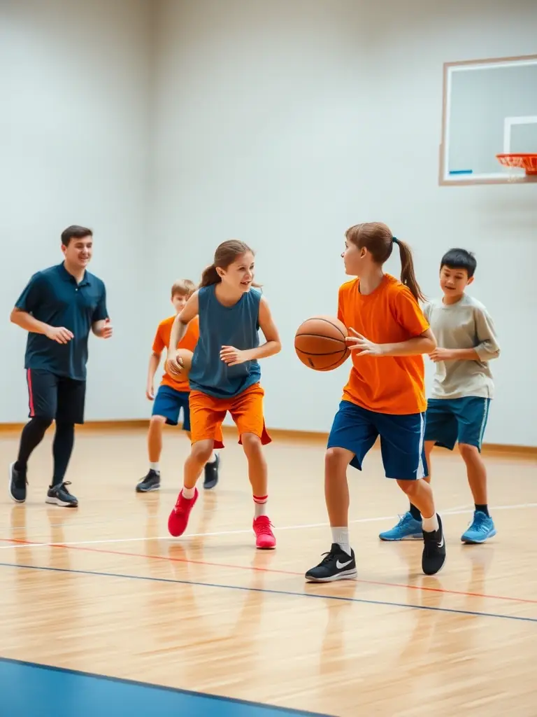 A group of students participating in a basketball training session, focusing on teamwork and skill development, with the coach providing guidance.