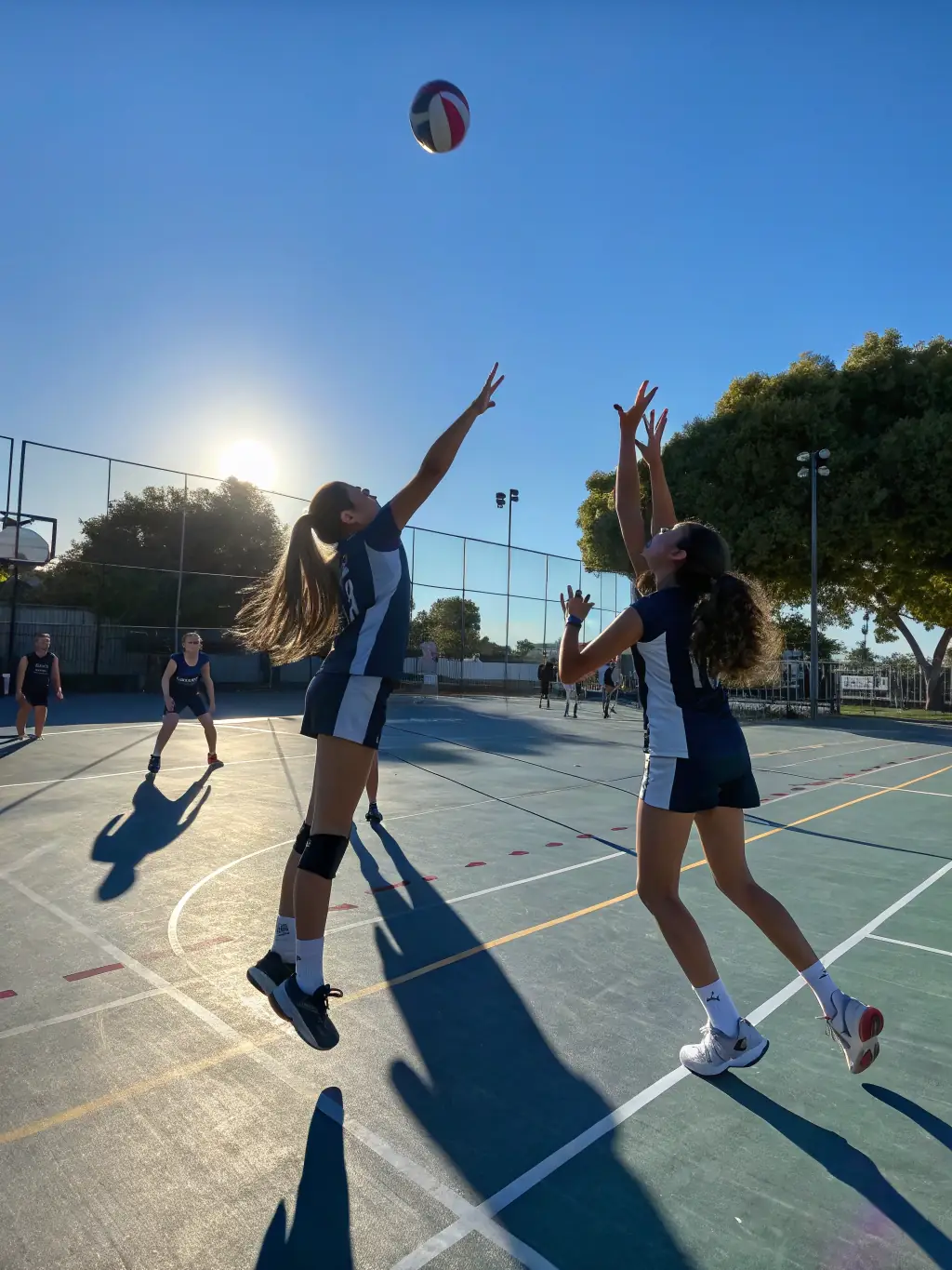 A volleyball team practicing their serves and teamwork, demonstrating coordination and communication skills.