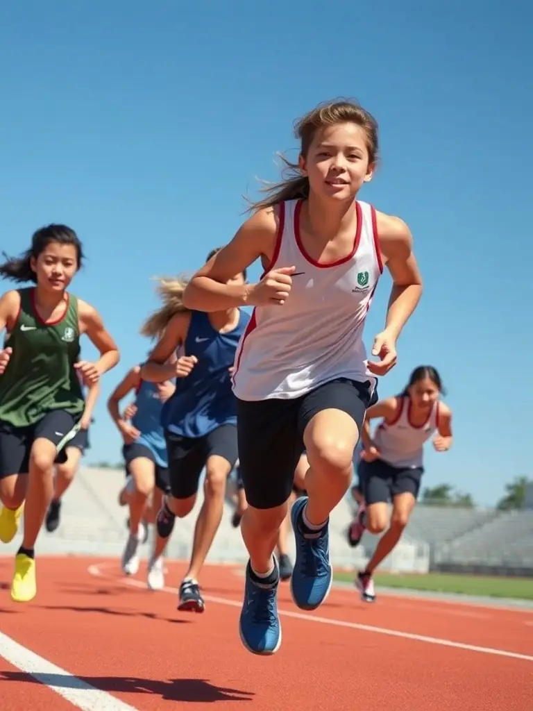 Students engaged in a track and field event, showcasing their speed and agility, with spectators cheering them on.