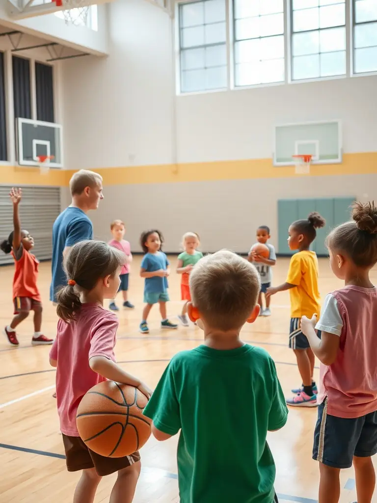 A group of students participating in a basketball training session indoors, focusing on dribbling skills, with a coach providing guidance.