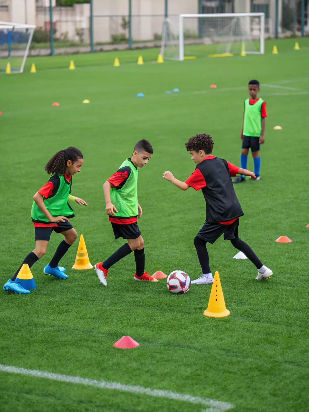 Students engaged in a soccer match on the school field, demonstrating teamwork, strategy, and sportsmanship.