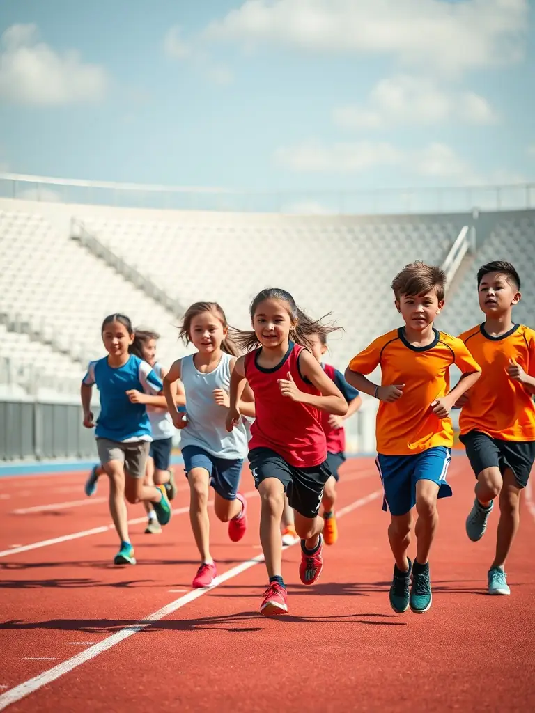 A diverse group of students engaged in a track and field practice, running on a track with enthusiasm and determination.