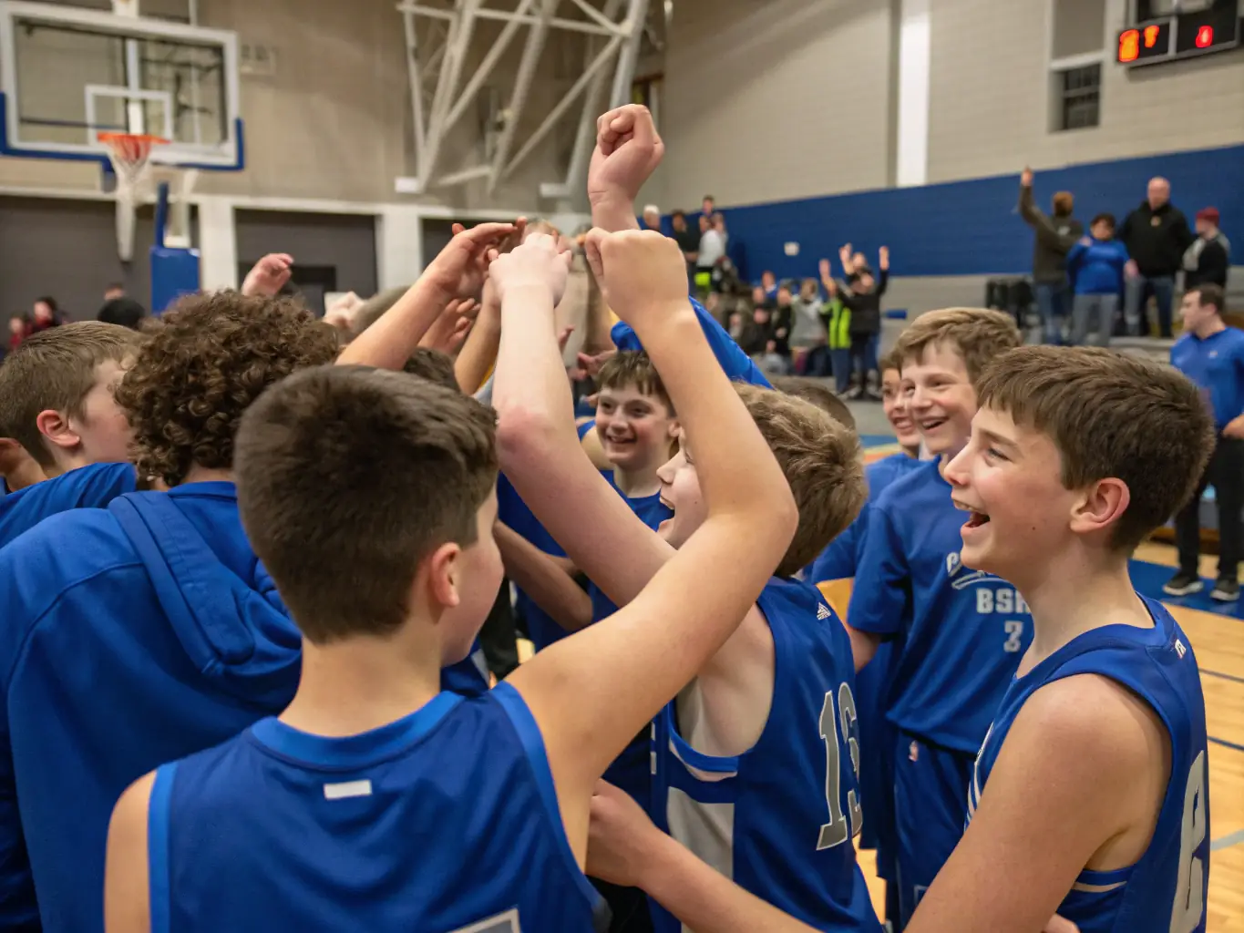 A group of students celebrating a victory after a basketball game, showcasing the joy and camaraderie fostered by the association.